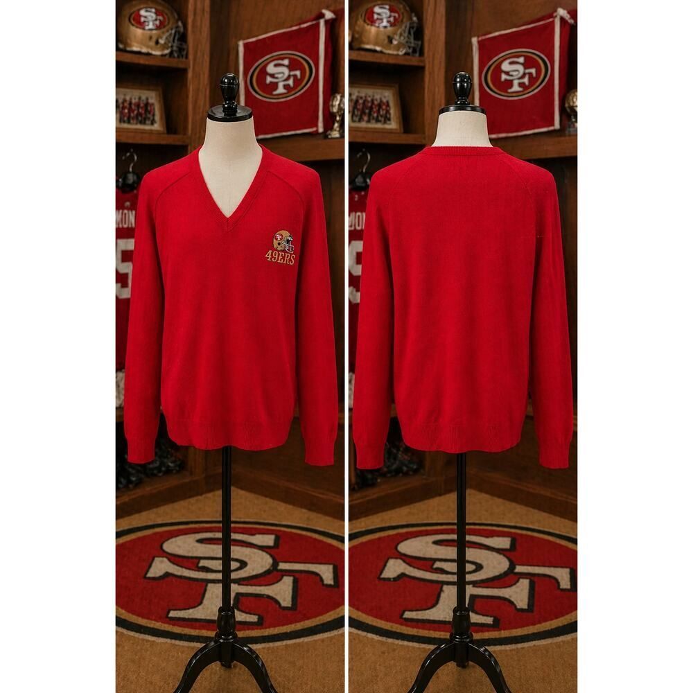 Vintage 80s Logo 7 49ers V-Neck Sweater Red Embroidered Logo USA Made Size L